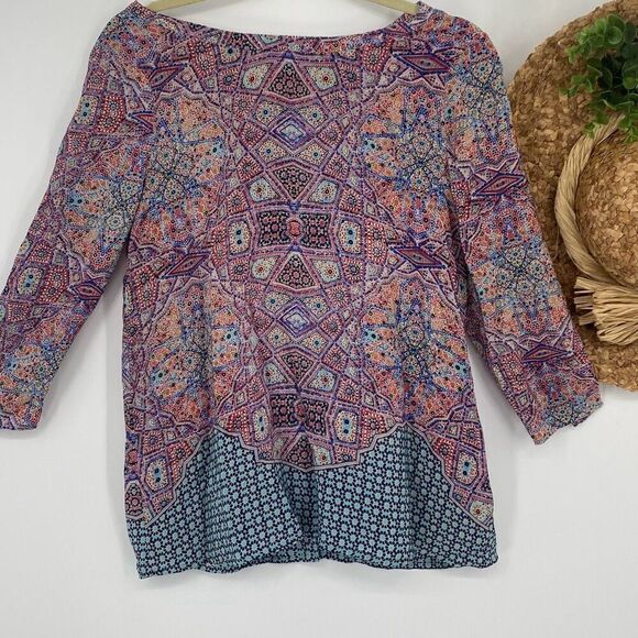 Anthropologie Sidney Maeve‎ Silk Printed 3/4 Sleeve Button Back Tunic Blouse 6 - Picture 1 of 11